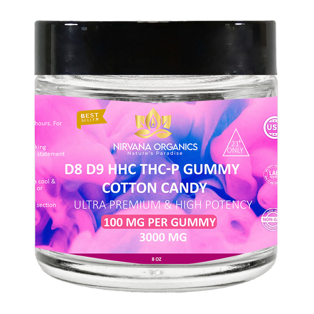 D8+D9+HHC+THC-P+LIVE ROSIN Gummies Cotton Candy - Nirvana Organics