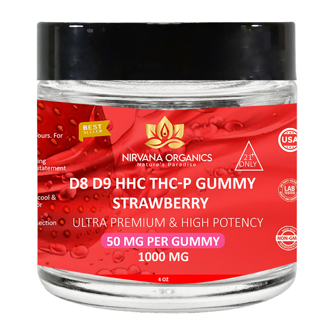 D8+D9+HHC+THC-P+LIVE ROSIN Gummies Strawberry - Nirvana Organics